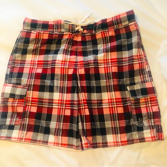 Mens 2X Red Tartan Cargo Swim Board Shorts Mesh Liner - Picture 1 of 7